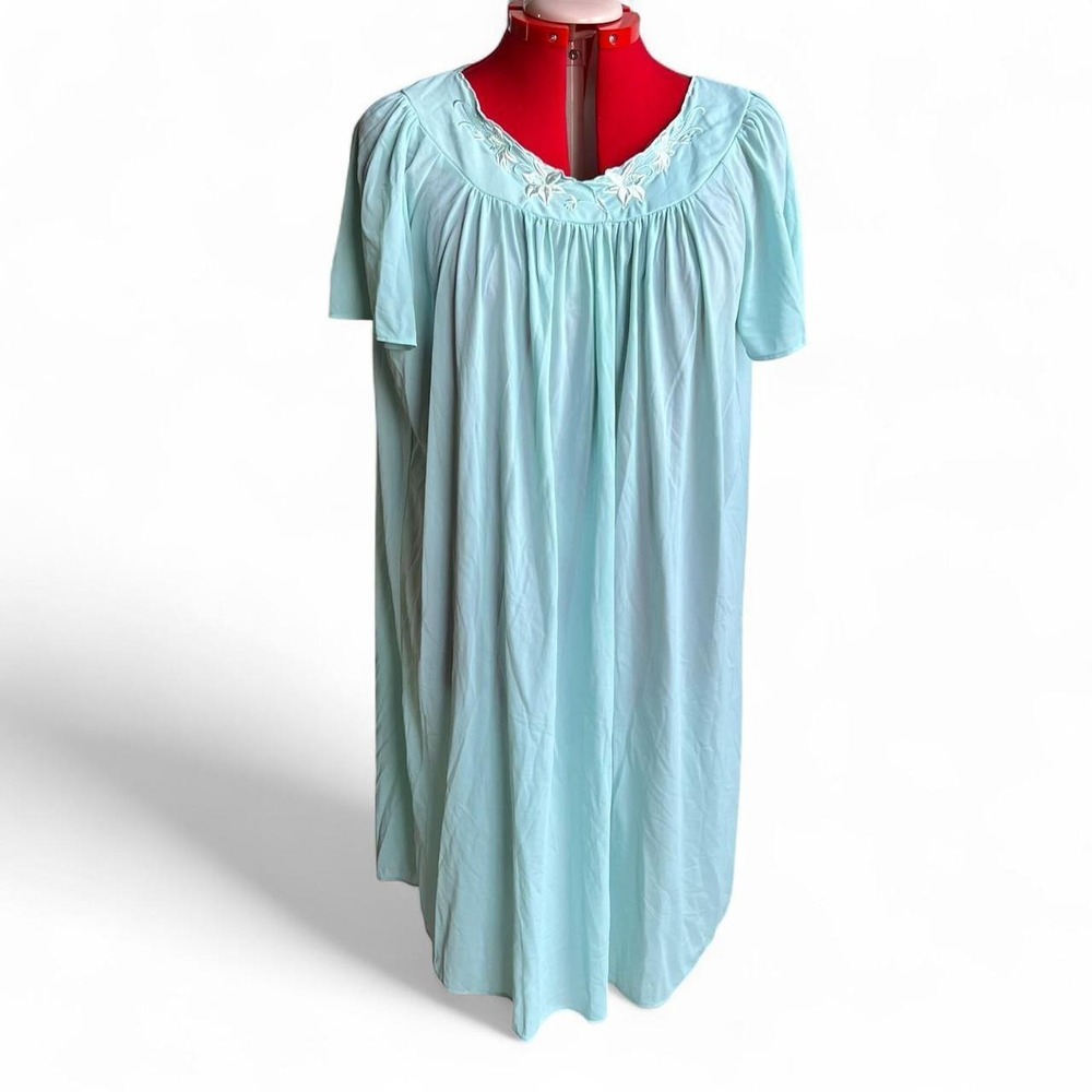 Vintage Miss Elaine Classics Blue Nightgown With Embroidered Flowers Cottagecore
